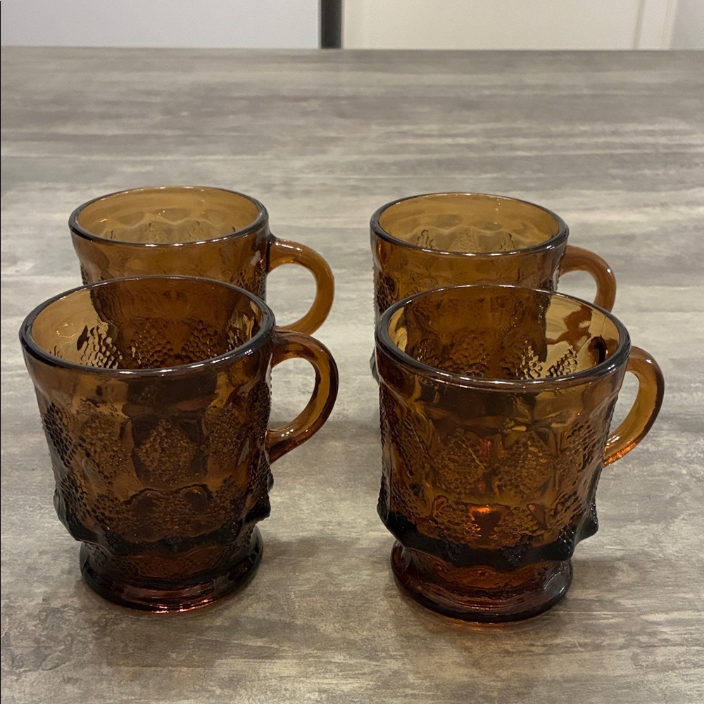Vintage Fire King Kimberly Amber Textured Glass Mugs - Set of 4